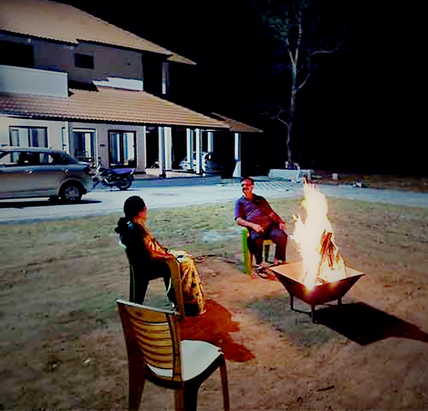 Bonfire after dark at The Green Stay, Sakleshpur