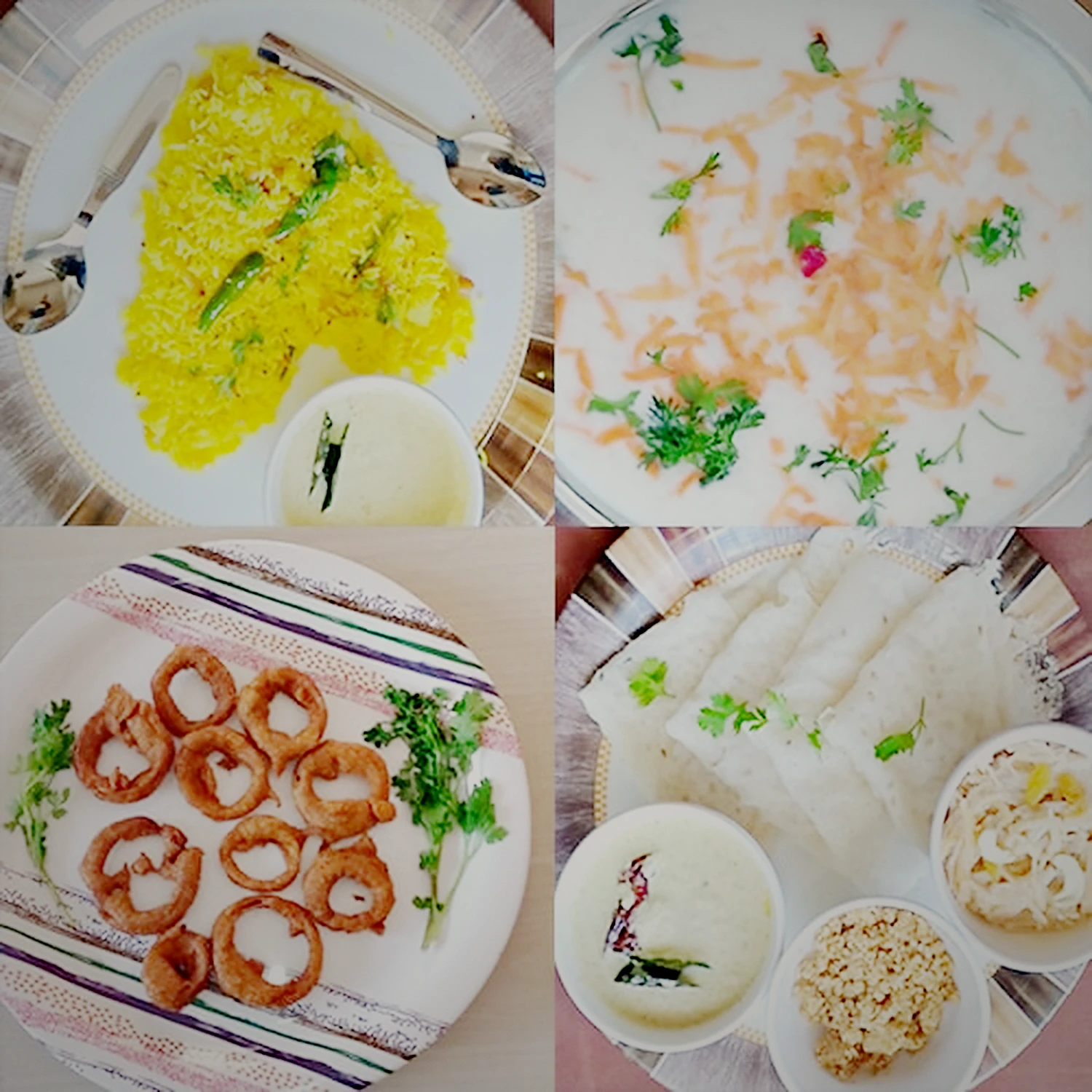 Plates of lemon rice, curd salad, fried snacks and neer dosa with chutney